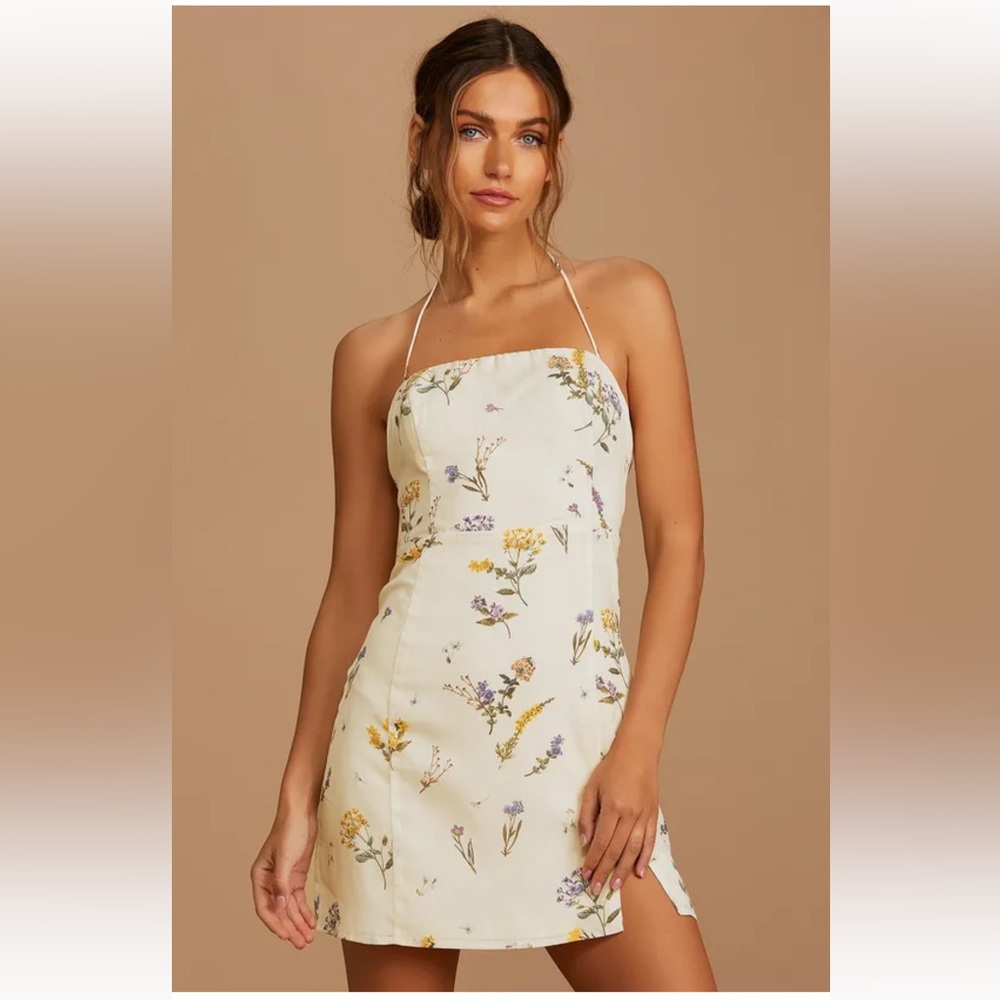 Lulu’s Catch the Bouquet Cream Floral Print Halter Lace-Up Mini Dress - NWT